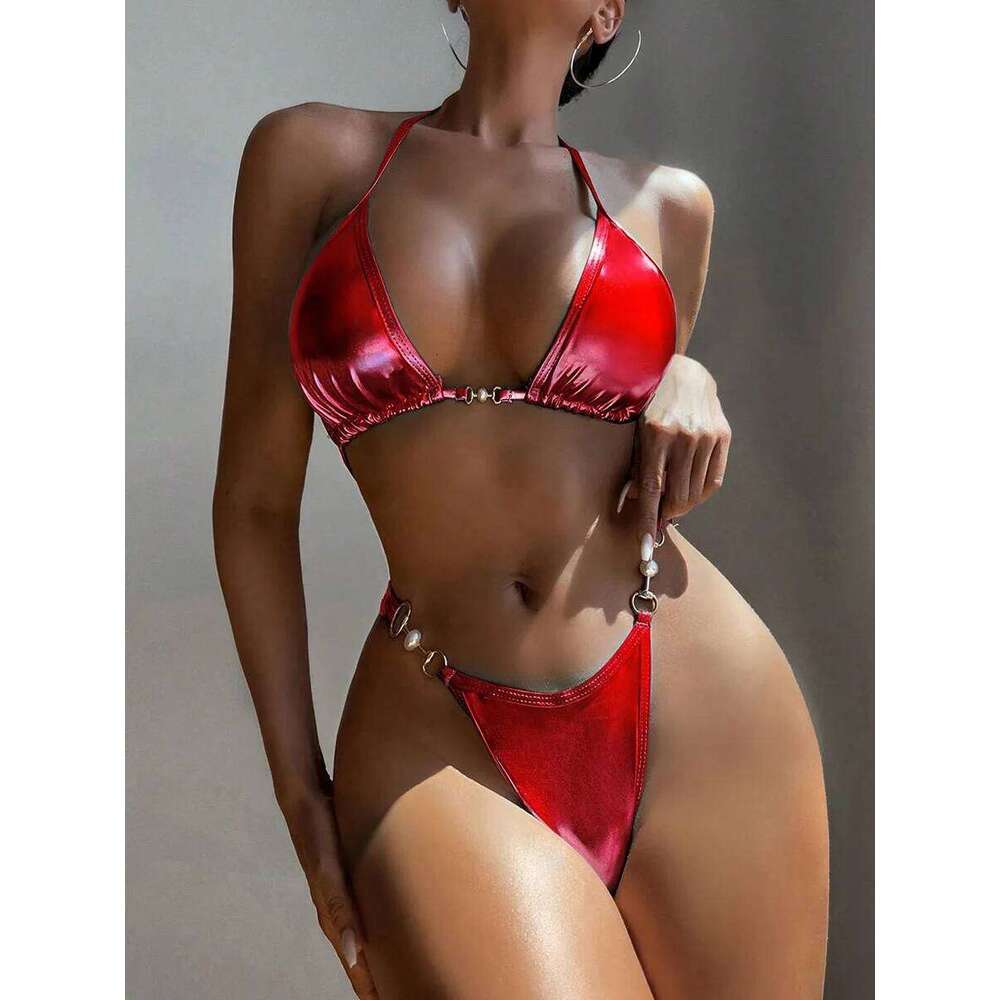 Triangle Thong Bikini 2025 Halter Pearl Link Swimsuit Women Padded Swimwear Female Bathers Bathing Swimming Swim Suit Beachwear Y260303