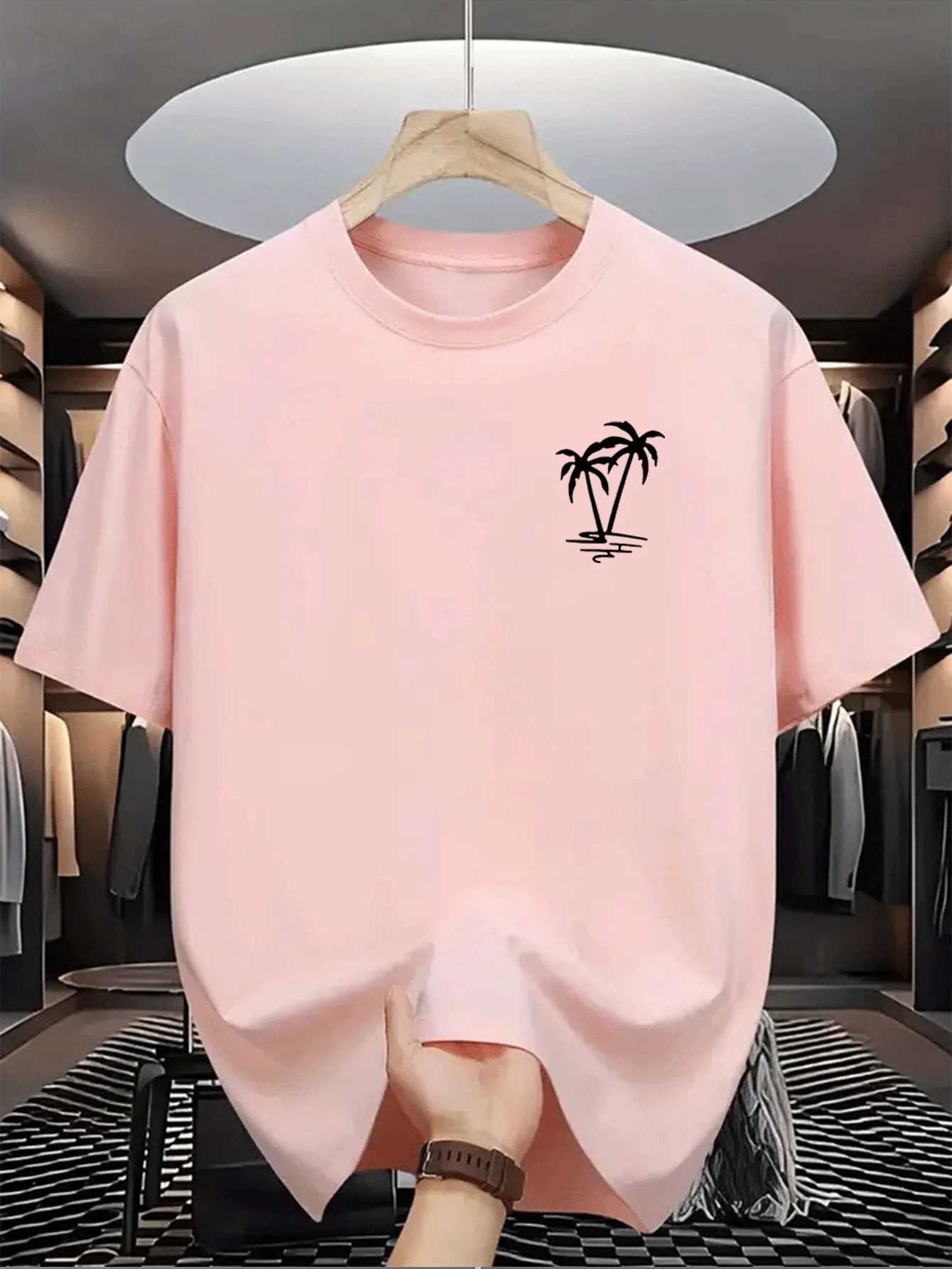 Mens summer 100 cotton fashionable casual loose coconut tree pattern printed sports round neck short sleeved T-shirt top D260313