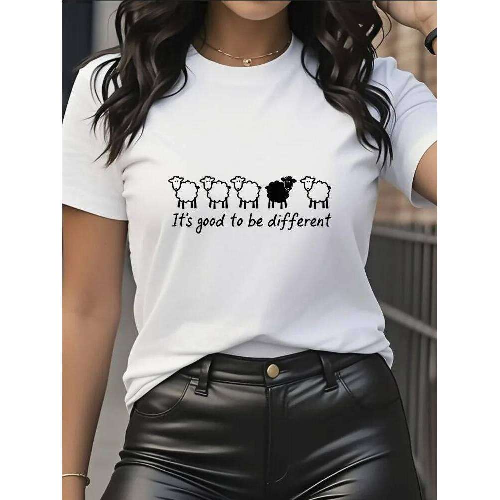 Ladies' Casual Short Sleeved Pure Cotton T-shirt with Sheep Pattern Print, Round Neck Design Suitable for Daily Wear Harajuku Z260314