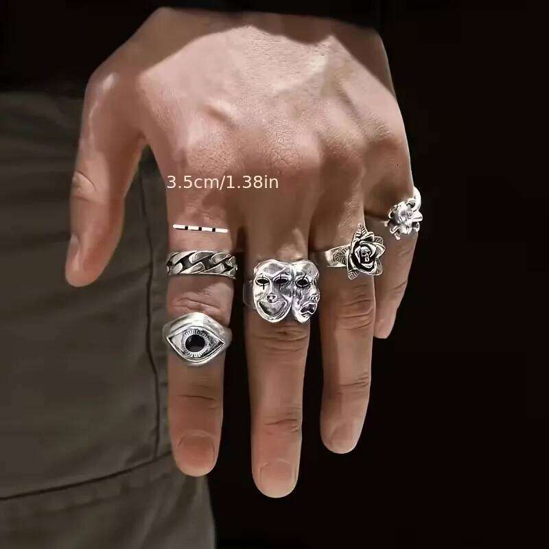 24Pieces Vintage Punk Rings Set For Women Men Mix Style Hip Hop Heart Flowers Skull Eye Finger Ring Jewelry Party Gift H260312