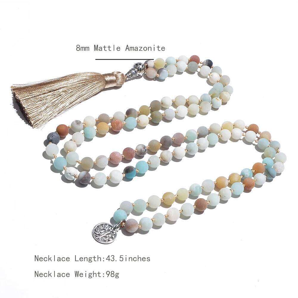 8mm Natural Mattle Amazonite Beaded Knotted 108 Mala Necklace Meditation Yoga Prayer Japamala Rosary For Men and Women H260312