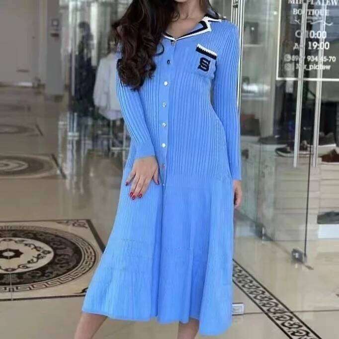 2024 Autumn Elegant Slim Knitted Dress Women's Letter Single Breasted Long Sleeved Vintage Dresses Winter Sweater Z260314