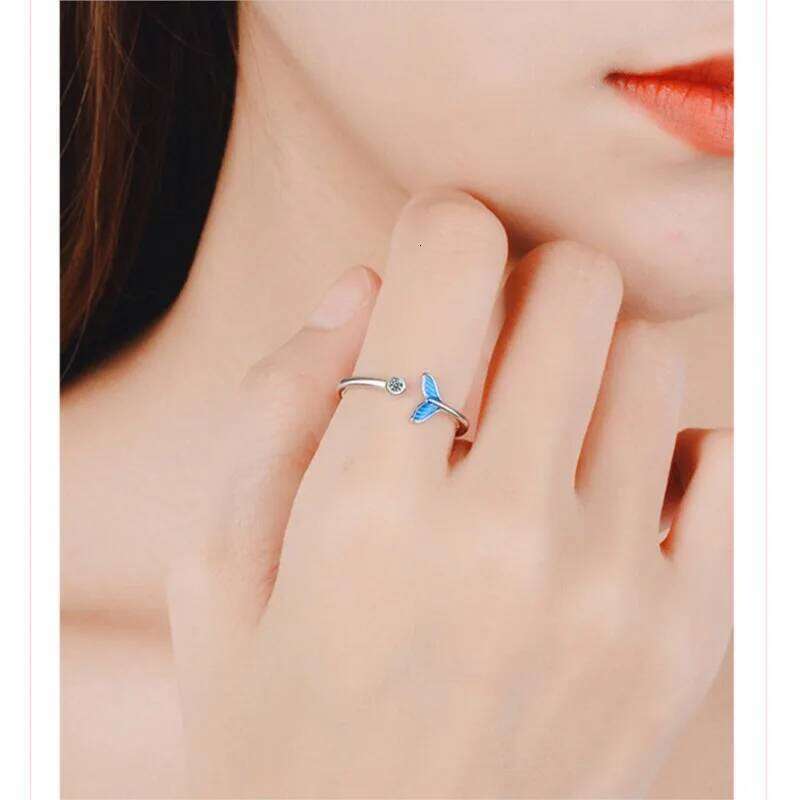 New Creative Beautiful Sweet Blue Fishtail 925 Sterling Silver Jewelry Fashion Fish Crystal Personality Opening Rings R070 H260312