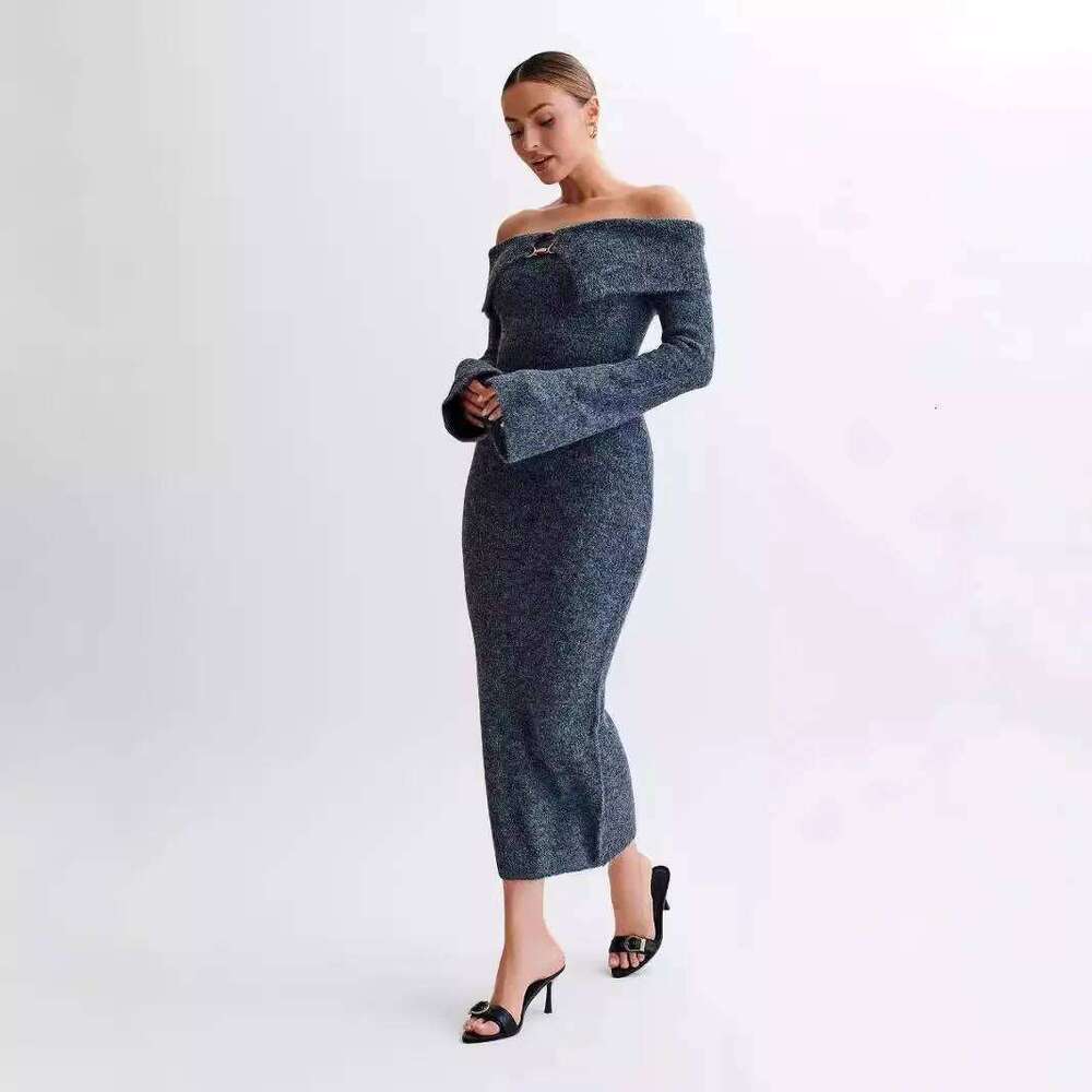 Women Knitting 2025 Autumn Knit Sweater Women's Off The Shoulder Bodycon Long Sleeve Slim Fit Midi Dress Z260313