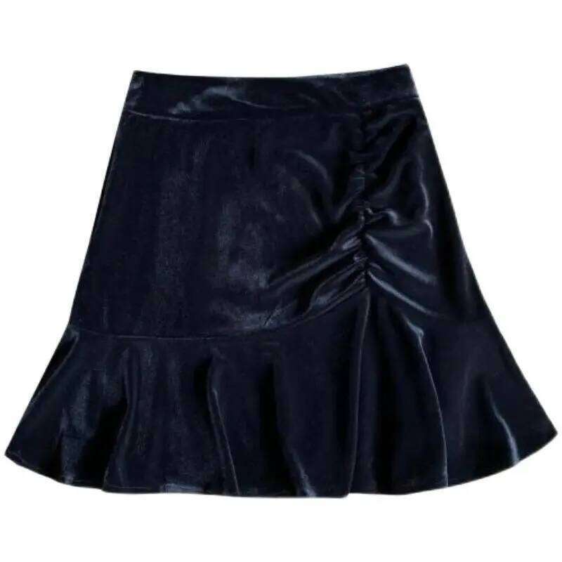 Harajuku Autumn Winter Golden Velvet Women's Solid Elastic High Waist Ruffles Pleated Fashion Slim A-line Fishtail Short Skirt Z260314