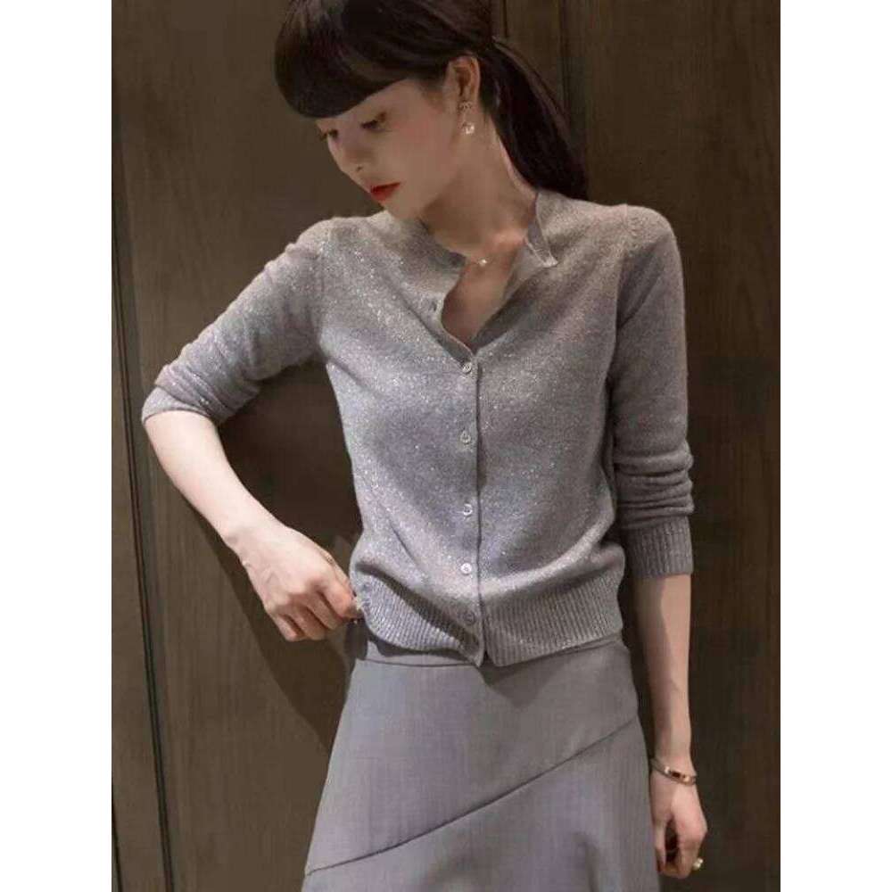 Spring and Autumn Thin Women's Round Neck Knit Solid Color Bright Silk Jacket Loose Bottoming Cardigan Sweater Z260313