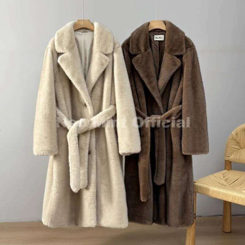 Neo Mint Luxury Long Belted Faux Mink Women 2025 Winter Thick Warm Overcoat Chic Street Fashion Fake Fur Coat Outerwear Z260313