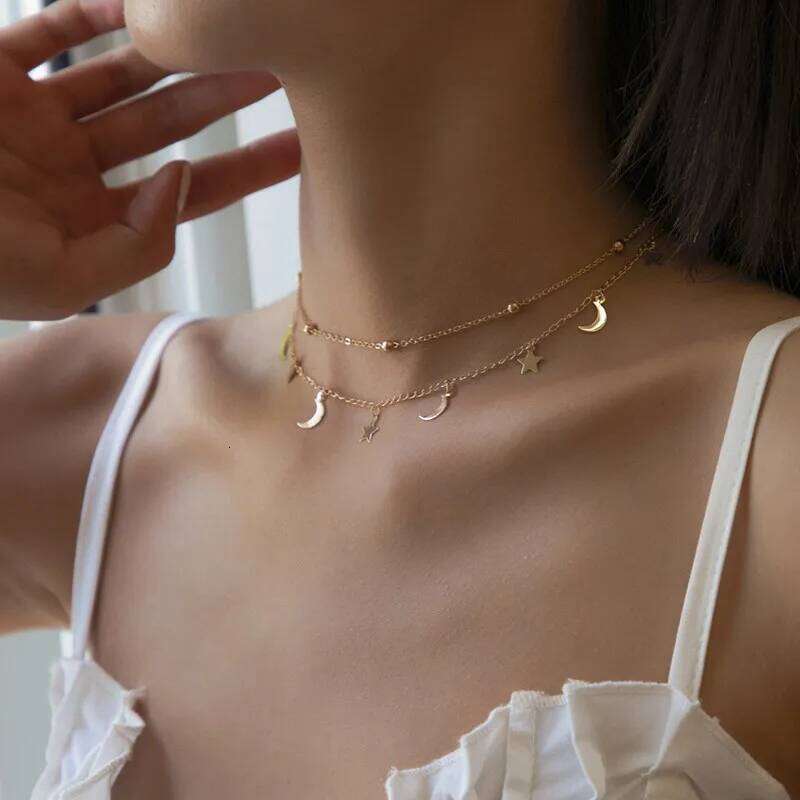 Star & Moon Pendant Clavicle Necklace Double Layers Beads Minimalist Women Fashion Collares Summer Everyday Jewelry Bijoux H260312