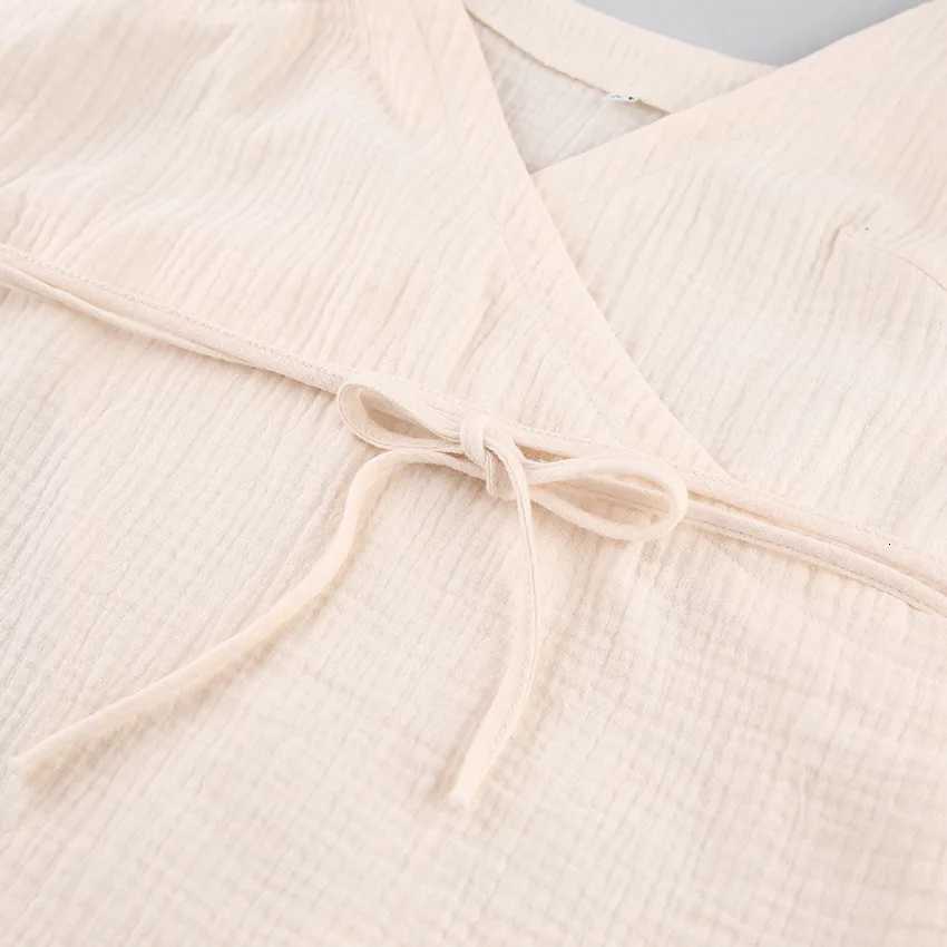 JHJN Pure Cotton Within Strap Dress For Women On Vacation Seaside V-neck Crape Commute Temperament Slit SkirtT260314