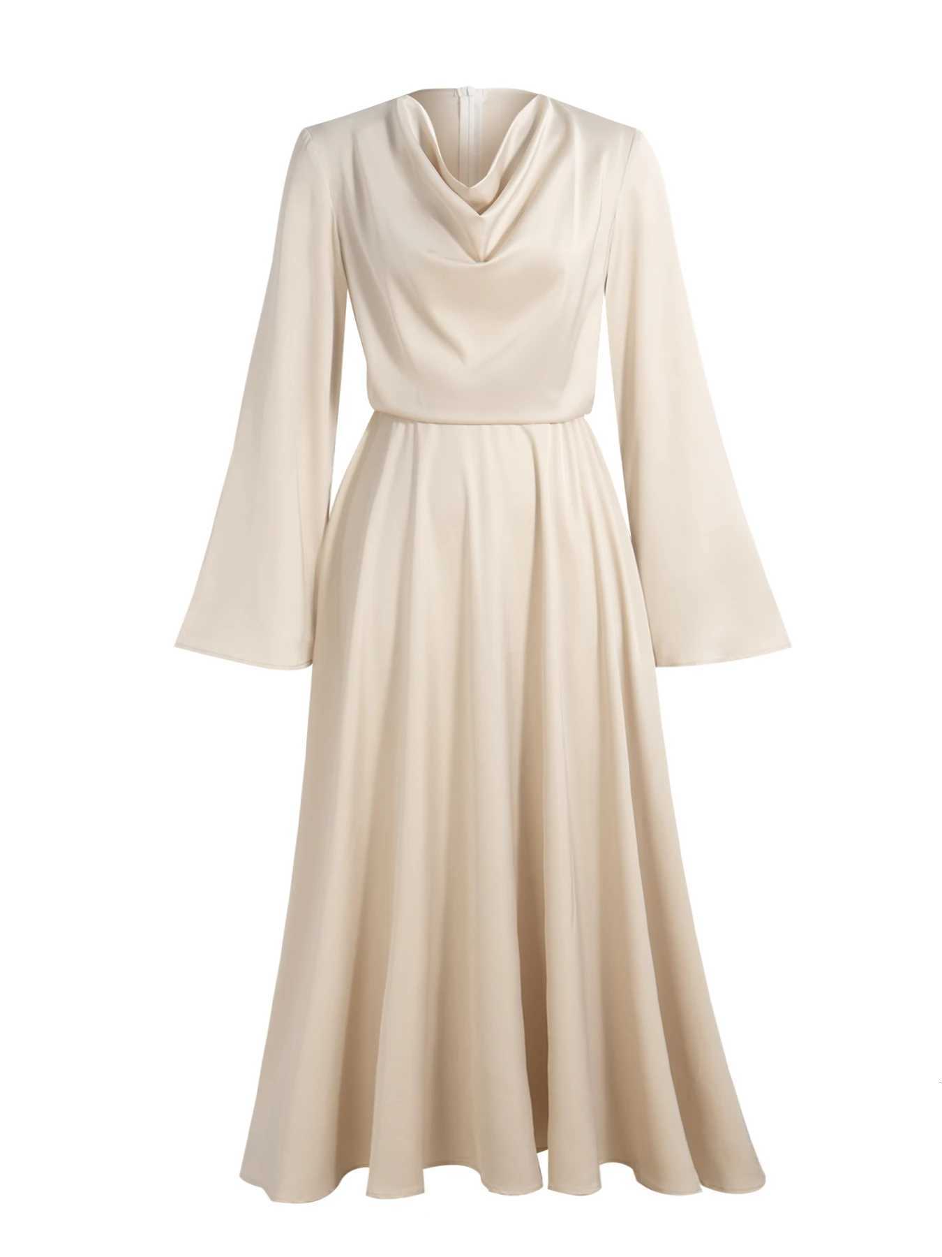Maxi Dress Spring Summer Women Champagne Satin Cowl Neck Flared Sleeve Belted Elegant Luxurious Party Wedding Evening DressT260316