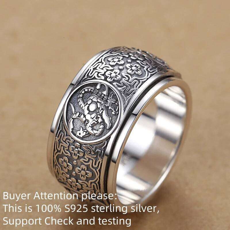 Simple S925 Sterling Silver Rotatable Beast Men's Overbearing Vintage Engraved Ring Boyfriend Birthday Gift Jewelry H260312