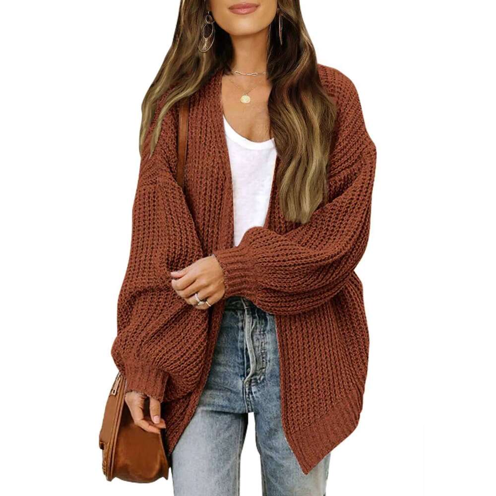 Women's lantern sleeve thick needle cardigan 2024 autumn and winter new item solid color pocket knitted sweater women's coat Z260313