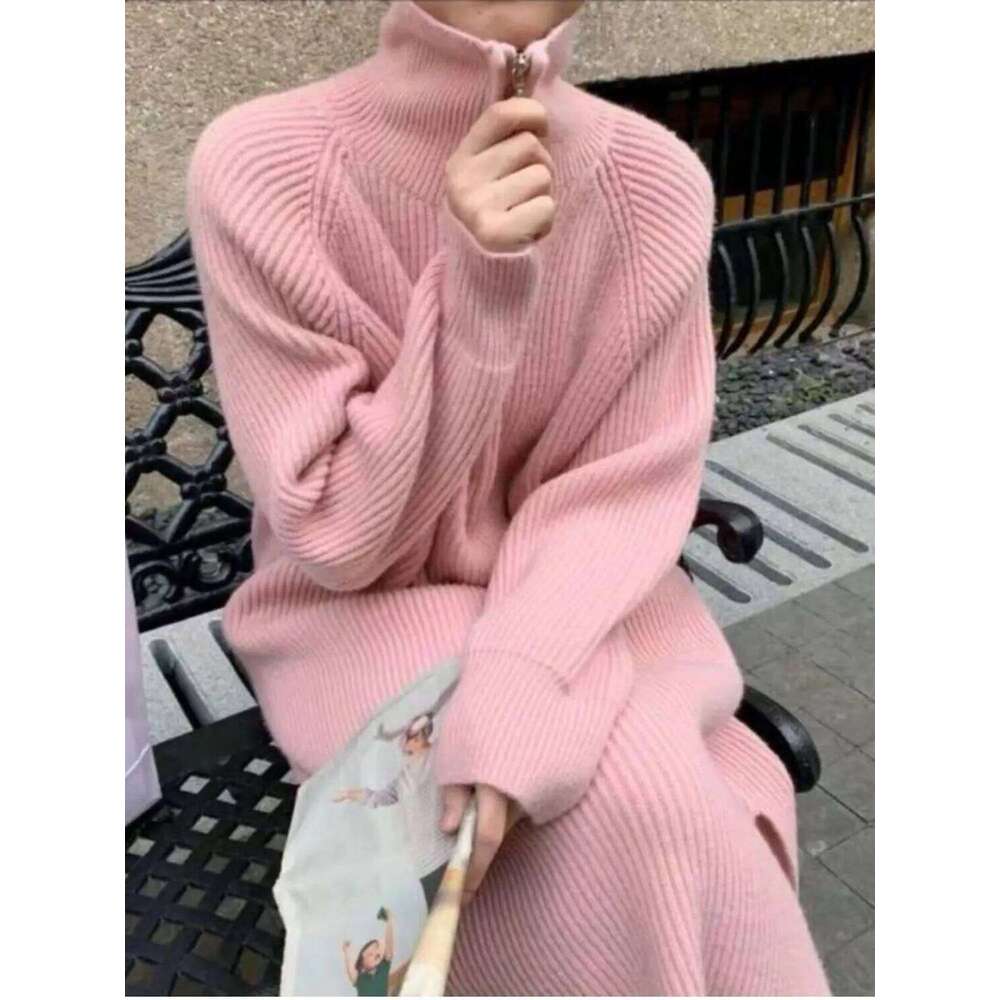 Lazy style over-the-knee mid-length lapel loose knit women autumn winter inner wear base layer knitted dress Z260313