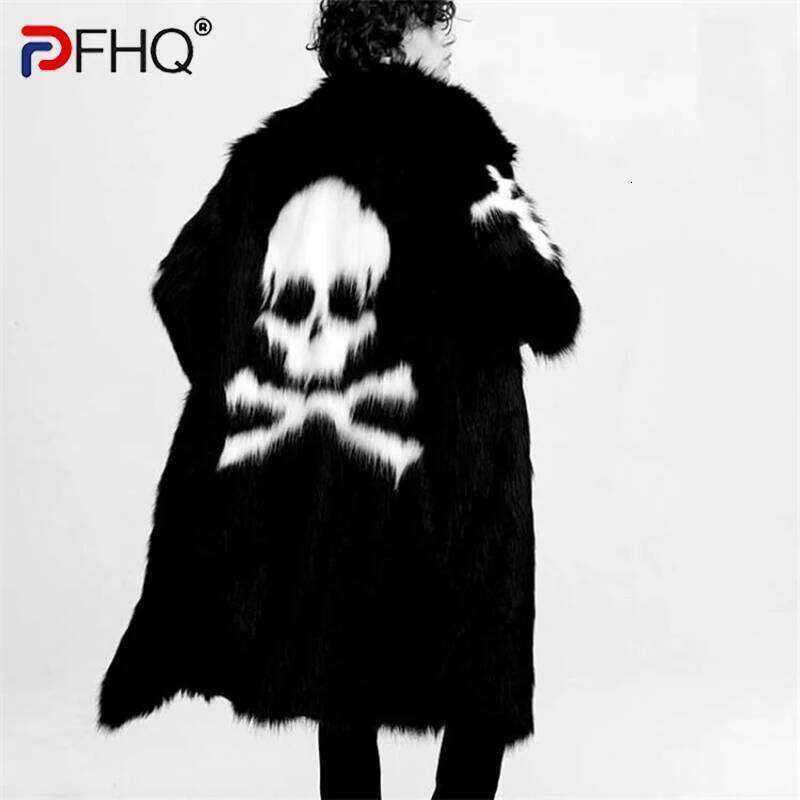 PFHQ Male Skull Pattern Faux Fur Coat Long Knee Length Outdoor Delicacy Warm Heavy Industry Versatile Windbreaker Autumn 21Z2170 Z260313