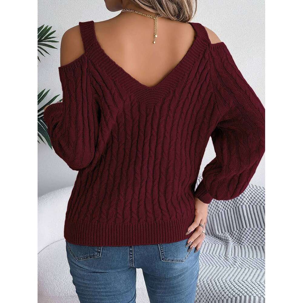Women's Autumn Winter Casual Solid Color Off-Shoulder V-Neck Cable Knit Lantern Sleeve Pullover Sweater Top Z260313