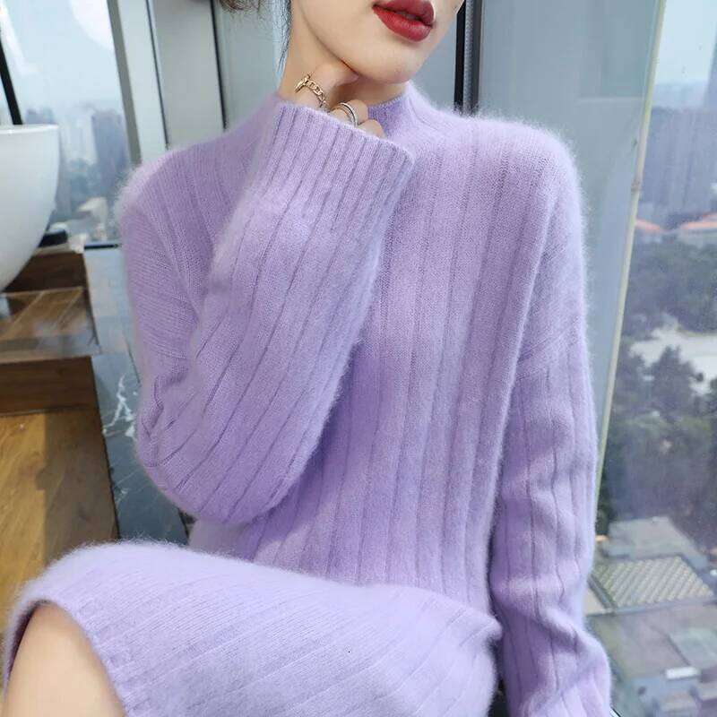 Thicken 100%Pure Mink Cashmere Knitted Dress Women's High-Neck Split Large Size Long Skirt Fashion Loose High-Waist Hip Pullover Z260313
