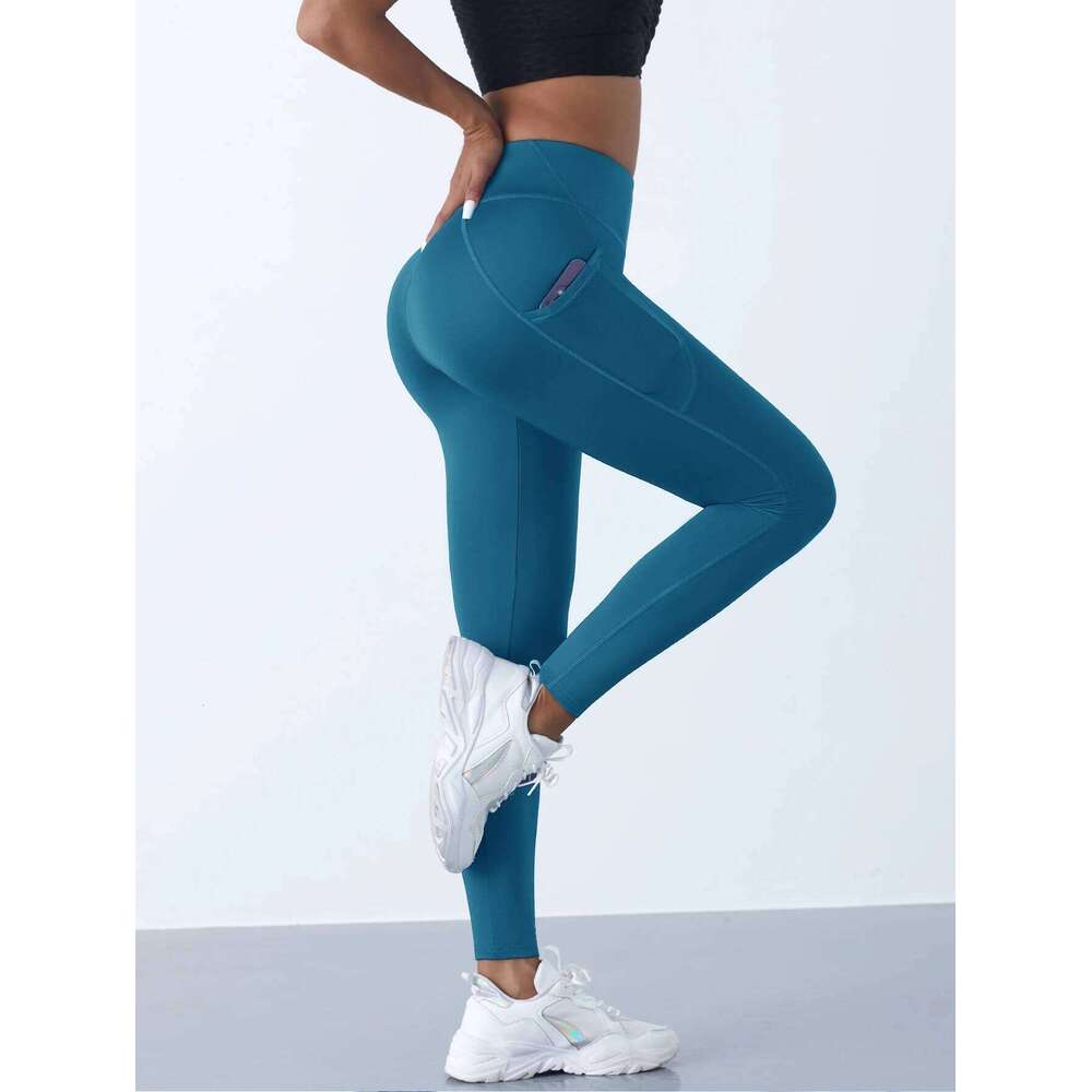 Women High Waist Elastic Workout Yoga Leggings Tummy Control With Side Pockets Pants Seam Gym Fitness Sportswear Tights 26Y0313