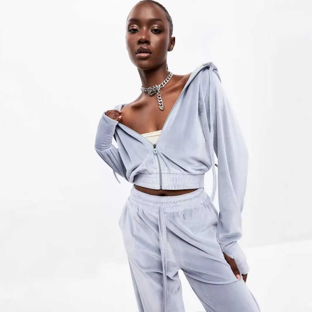 Sexy Spice set long-sleeved hooded cardigan lace-up trousers 2-piece fashion casual sports set womens clothes long pants set M260313