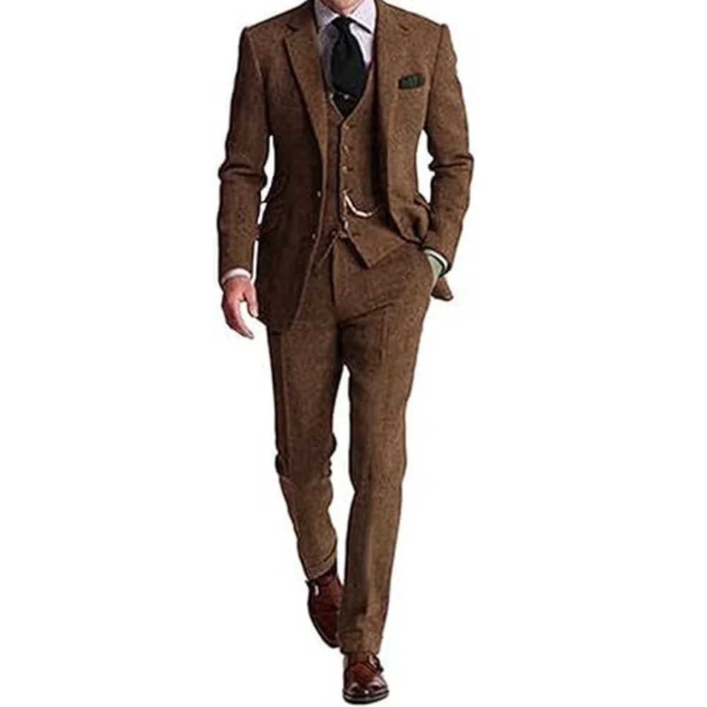 Mens Digital Print 2-Button Terno Set of 3 Pieces Grey Vintage Fishbone Wedding Suit Traditional Portuguese Male Costume M260313