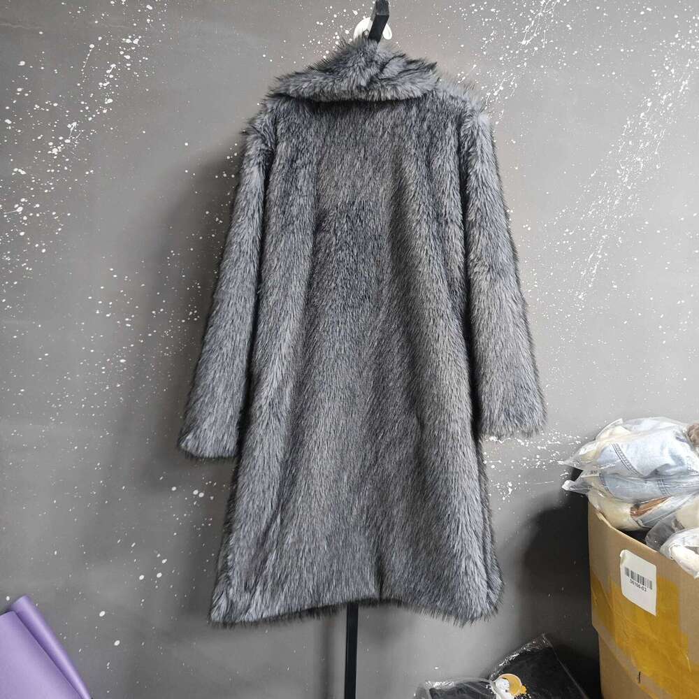 LANMREM High Qualityy Grey Women's Faux Fur Winter Chic New Warm Lapel Sleeve Big Size Cardigan Thick Long Coat DB3882 Z260313