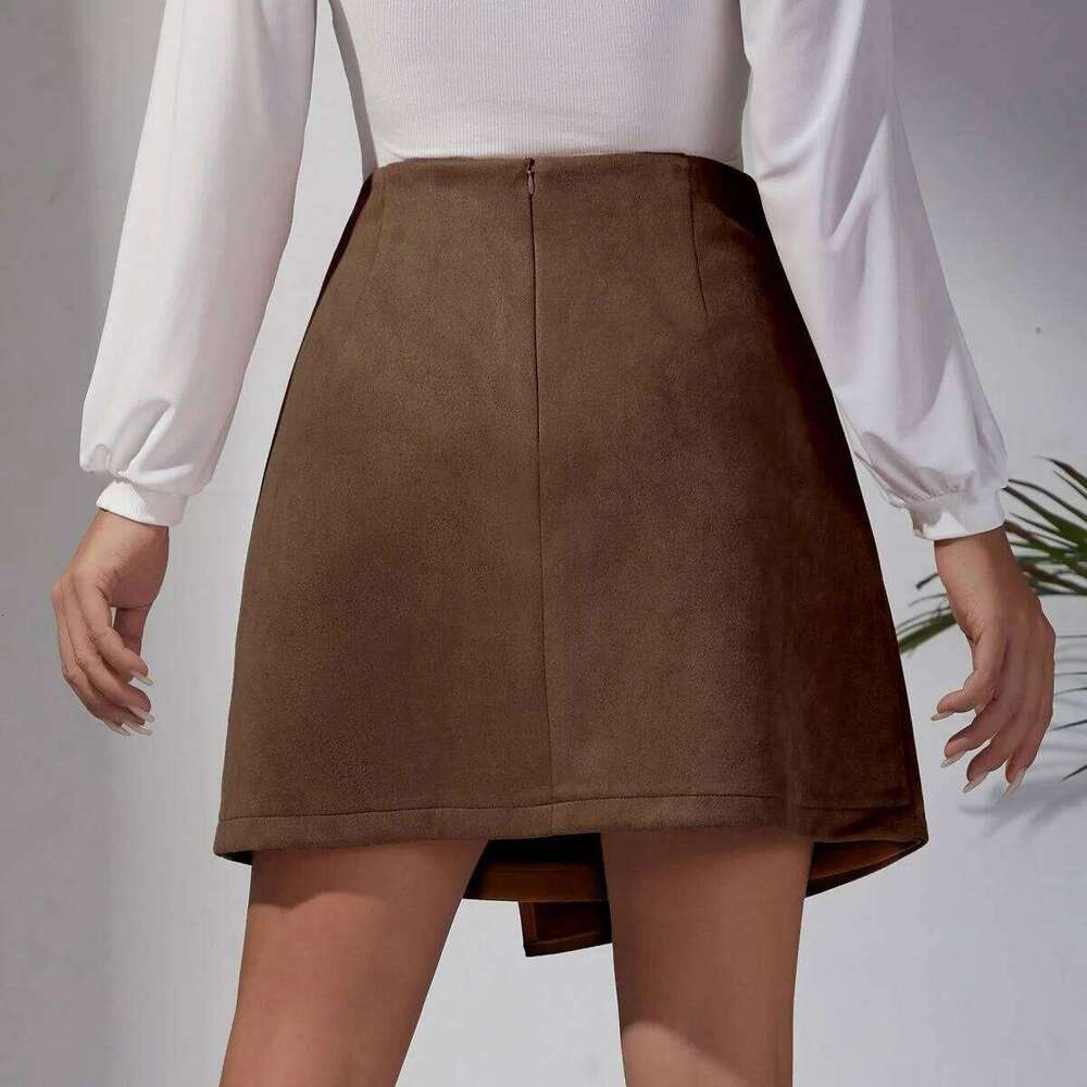 New Arrival 2025 Women's Autumn Winter Suede Irregular Skirt Solid Color High Waist Zipper Button Short Skirts For Woman Z260314
