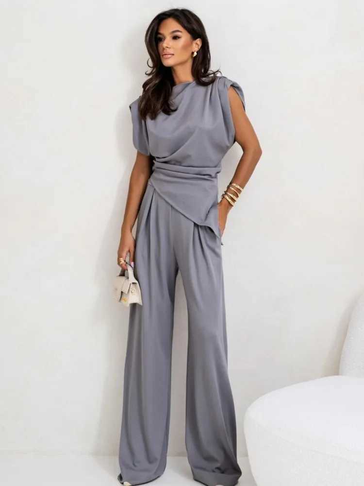 Summer Fashion Solid Two Piece Sets Women Elegant Slim Office Suit Casual Irregular Top And Wide Leg Pants 2 Piece Set Female M260313