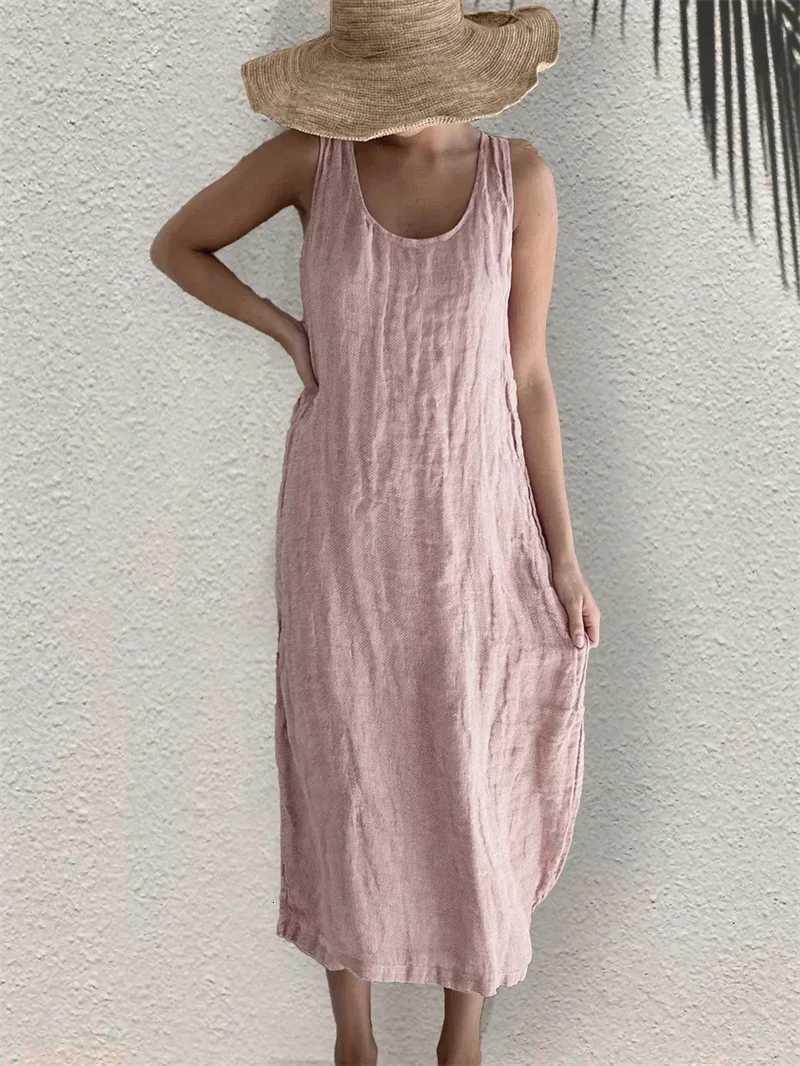Women Comfortable Casual Cotton Linen Dresses 2024 Summer Solid Color Side Pockets Dress Female O Neck Pullover Sleeveless GownT260314