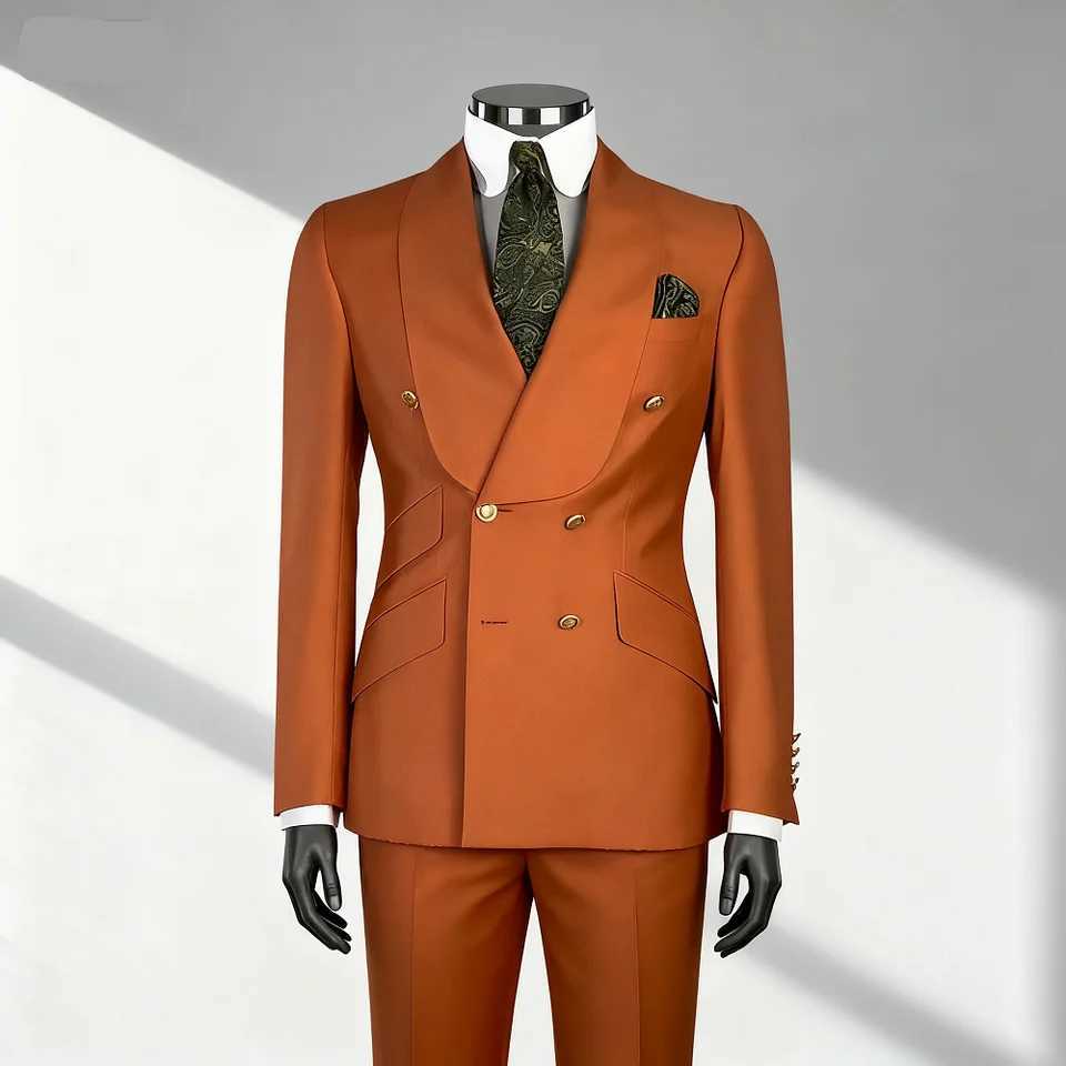 2 PCS Mens Smart Casual Solid Formal Tuxedo Suits with Shawl Lapel Double Breasted Jacket And Pants for Business And Wedding M260313