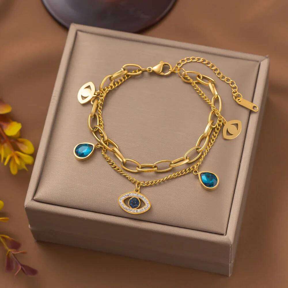 Stainless Steel Double Layer Evil Eye Charm Bracelet For Women Girl Luxury Vintage Bangle Birthday Party Wrist Jewelry Gift New Z260313