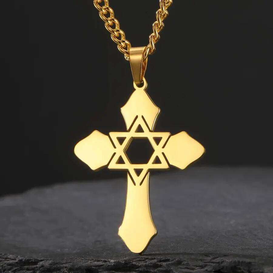 Dawapara Cross with Star of David Pendant Messianic Symbol Necklace Jewish Jewelry Protection Amulet Stainless Steel H260312