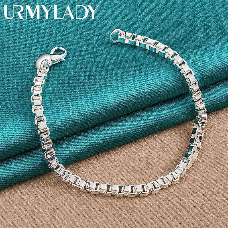 URMYLADY 925 Sterling Silver 4mm Box Chain Bracelet For Men Women Wedding Party Charm Jewelry Z260313