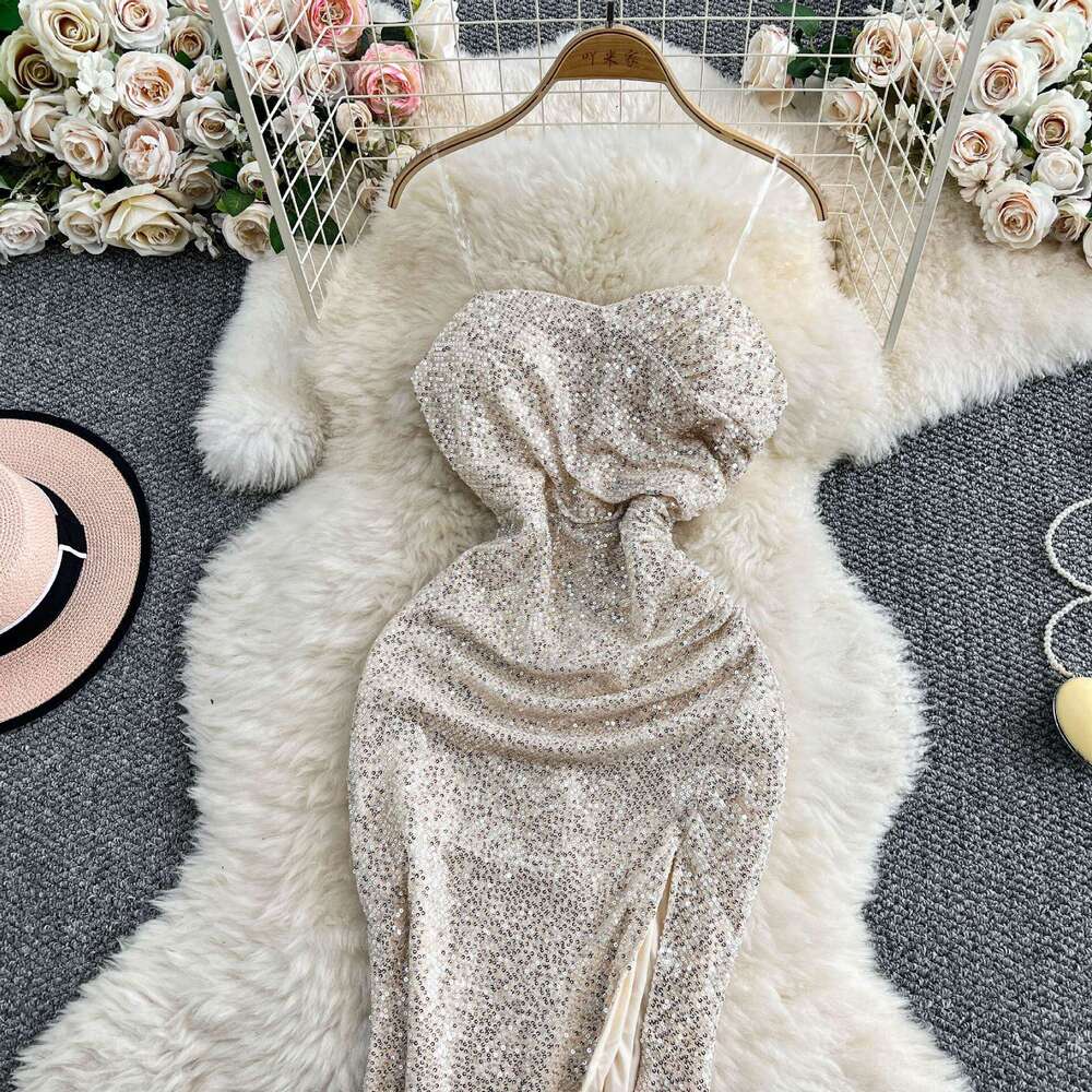 2026 Women's Evening Dress Elegant and A14 Exquisite Strapless with Ruffles, Slim Fit, Fork and Sparkling Glitter
