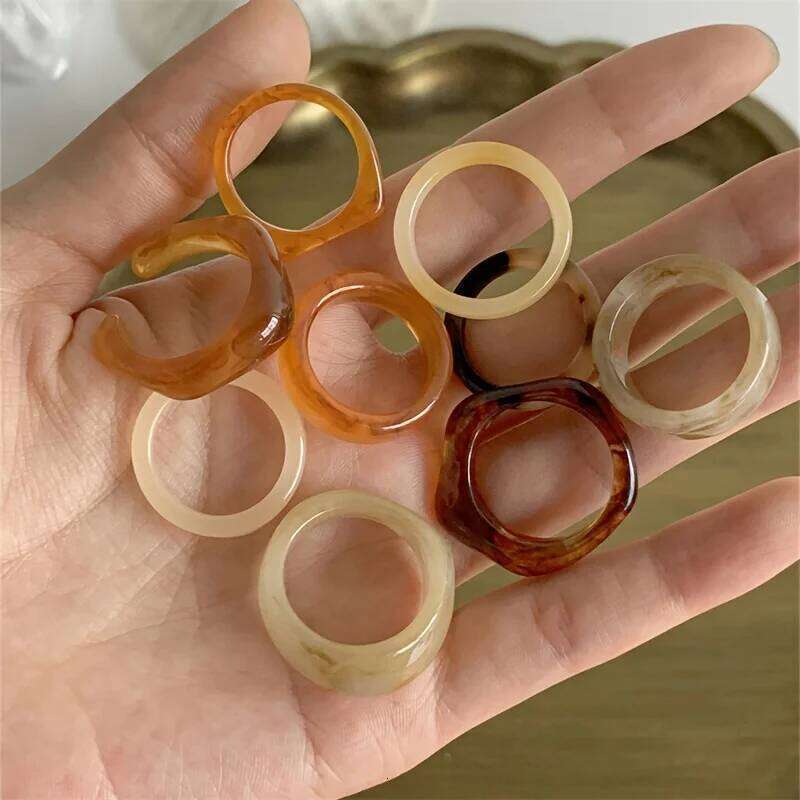 9-piece Bohemian retro style resin material multi-color ring, fashionable elegant for women, can be stacked and worn H260312