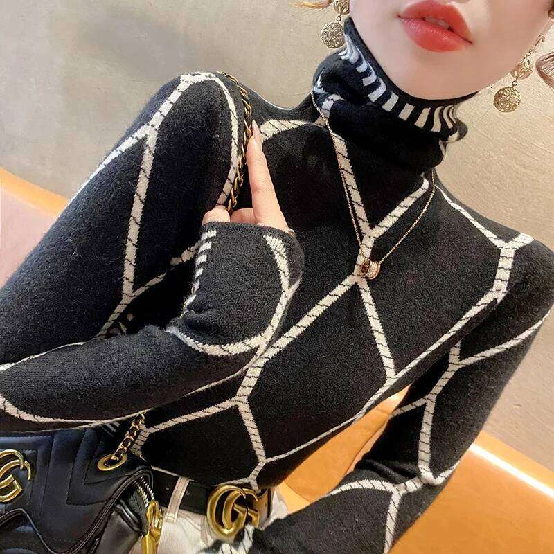 Women Clothing Fashion Turtleneck All-match Slim Sweaters Autumn Winter Elegant Chic Geometric Knit Pullovers Lady Casual Tops Z260313