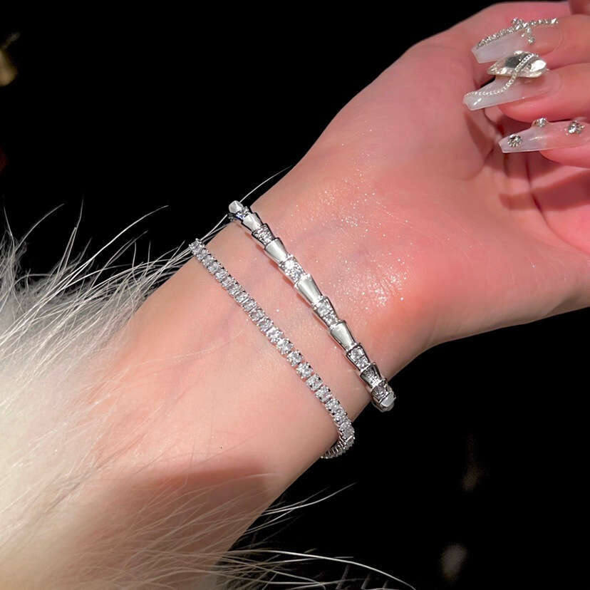 Women Jewelry Bracelets Charm Bracelets Snake-Shaped Mother-of-Pearl Titanium Steel Non-Fading Sparkling Zircon INS Style Open Silver Fashion Women Br