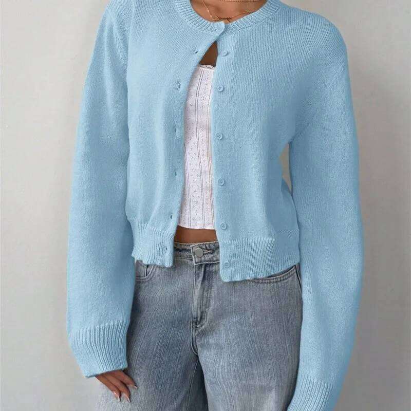 Autumn Winter Round Neck Threaded Long Sleeved Button Women's Cardigan Jacket Sweater Short Leisure Loose Solid Color Top Z260313