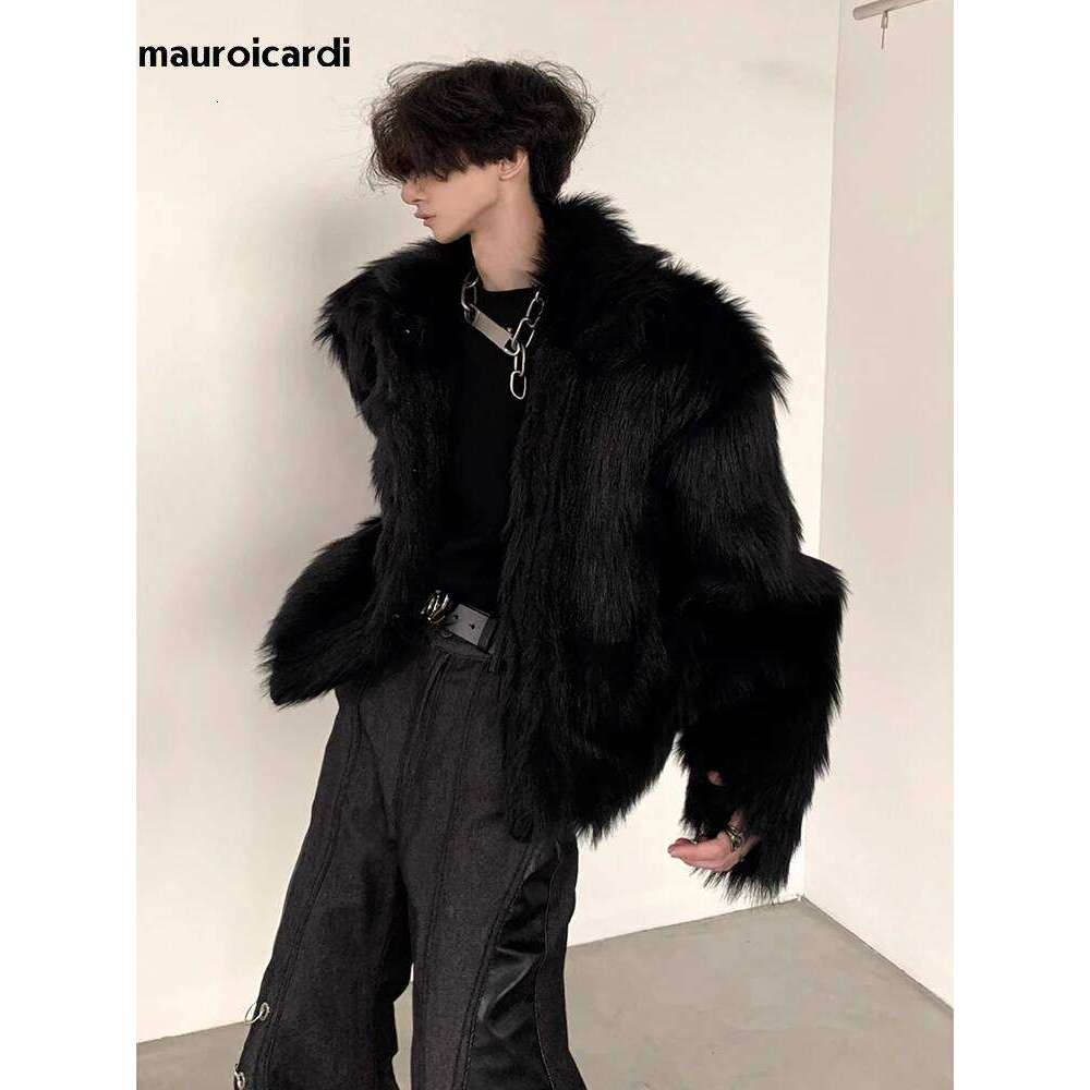 Mauroicardi Winter Short Cool Thick Warm Soft Black Hairy Faux Fox Fur Coat Men Long Sleeve Luxury Fluffy Jacket 2023 Z260313