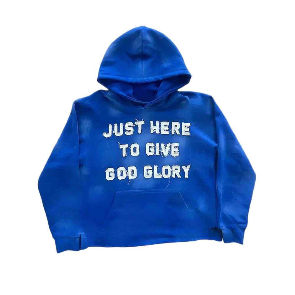 Blue Hoodies for Men Oversize Fall Jacket Letter Embroidery JUST HERE TO GIVE GOD GLORY Street Hip-hop Style Hoodie Unisex Z260314