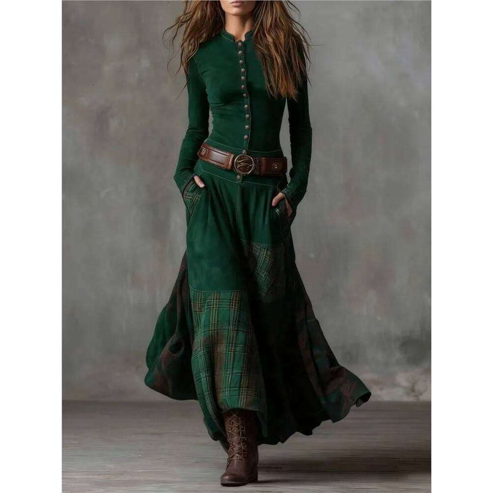 Women's Temperament Commuting Slim Dress Spring Autumn Suede Plaid Stitching Retro Pocket Button Belt Long-sleeved Dresses Z260314