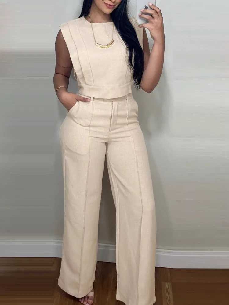 Spring Summer Womans Solid Office Suit Fashion O-neck Sleeveless TopWide-leg Pants Two-piece Set Ladies Temperament Outfit M260313