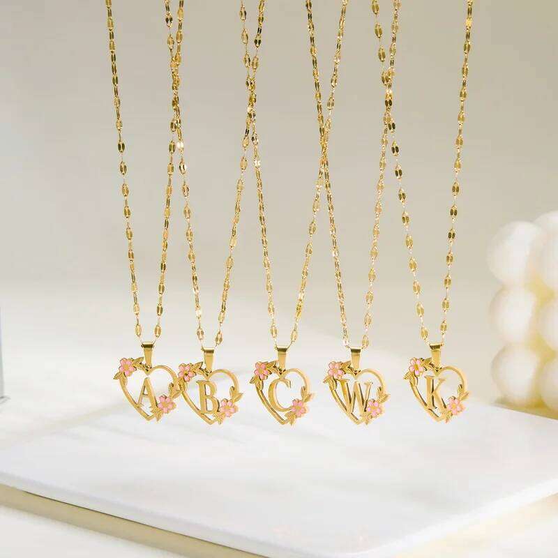 Stainless Steel Heart A-Z Letter Lady r Necklace Flower Pendant Initials Fashion Jewelry Valentine's Day Gift H260312