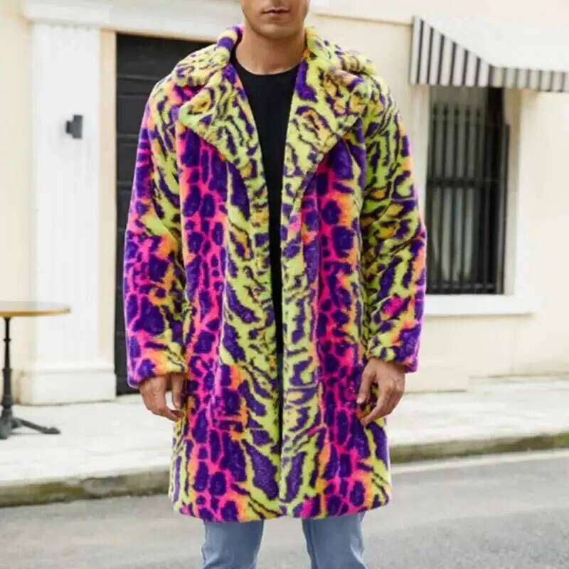 PFHQ Men's Faux Fur Coat Autumn Winter Warm Plush Jacket Leopard Print Contrast Color 2025 Long Sleeve Male Tops 21Z8047 Z260313