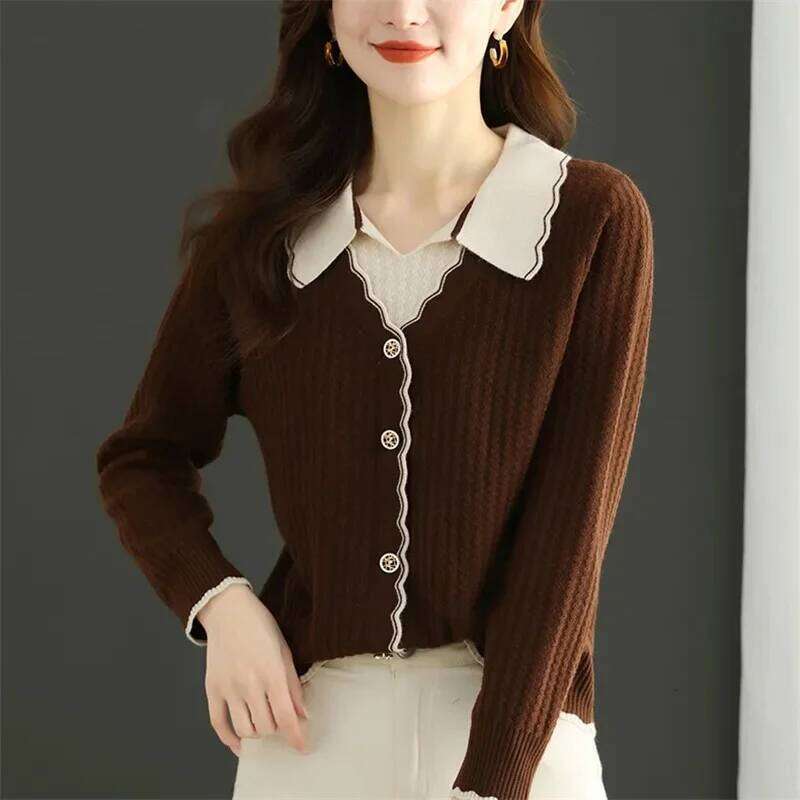 2026New Autumn/Winter Women Jumper Fashion Lapel Collar Fake Two Pieces Long Sleeve Knitted Sweater Pullover Female Tops Z260313