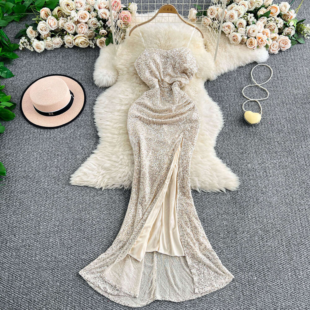 2026 Women's Evening Dress Elegant and Exquisite Strapless a20 with Ruffles, Slim Fit, Fork and Sparkling Glitter