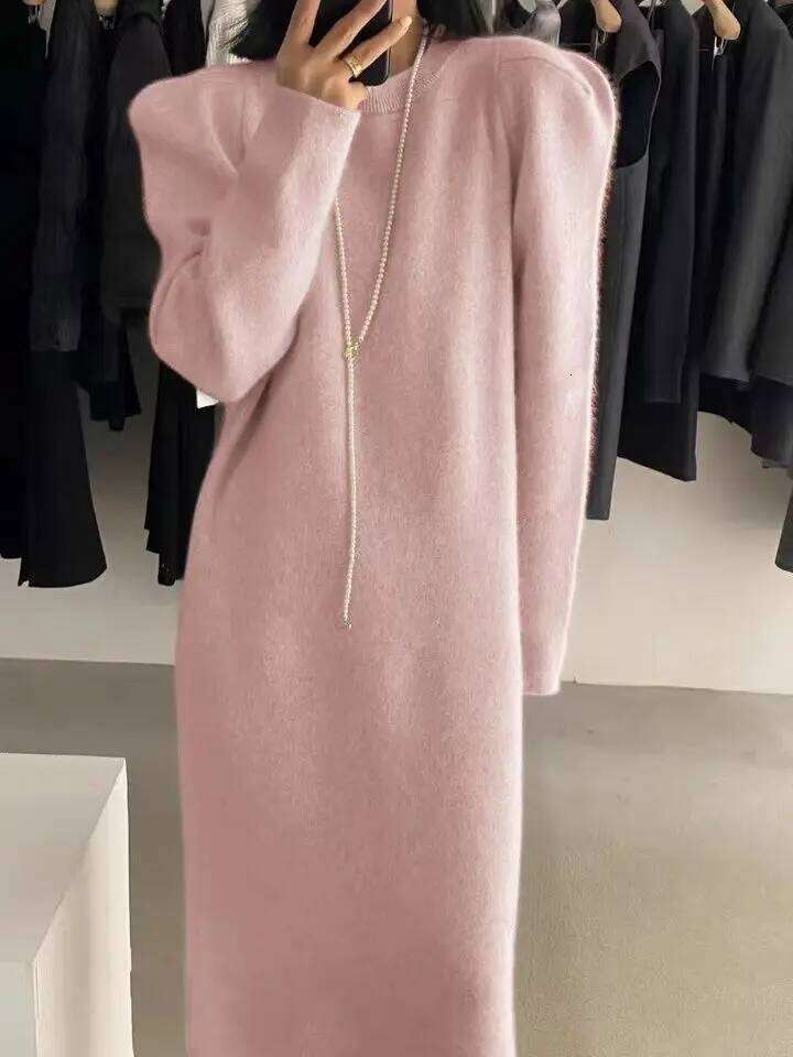 Korean Version of Autumn and Winter Puff Sleeve Sweater Dress 2025 New Mid-length Over-knee Knitted Long Skirt for Women Z260314