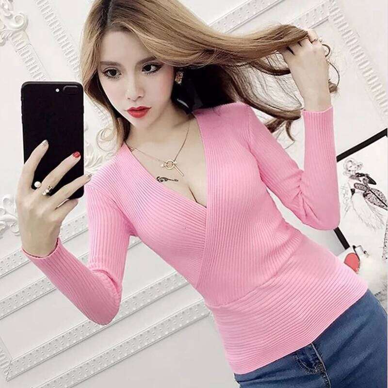 Autumn Winter Basic Sweaters Women Pullovers Long Sleeve Deep V Neck Korean Fashion Clothing Slim White Jumpers Knitwear Tops Z260313