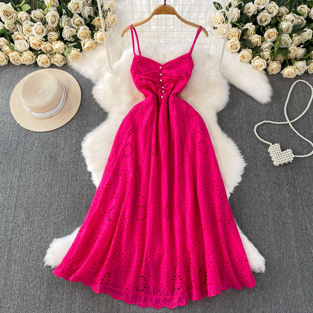 Designer women's French soft pink V-neck vest skirt summer crochet hollow embroidery slim fit c10 long skirt