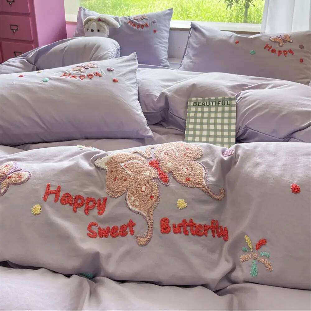 Double Sided Duvet Cartoon Embroidery Bedding Pillowcase Washed Cotton Printing Four-Pieces Set Quilt Cover Bed Sheet H260312 - view 5
