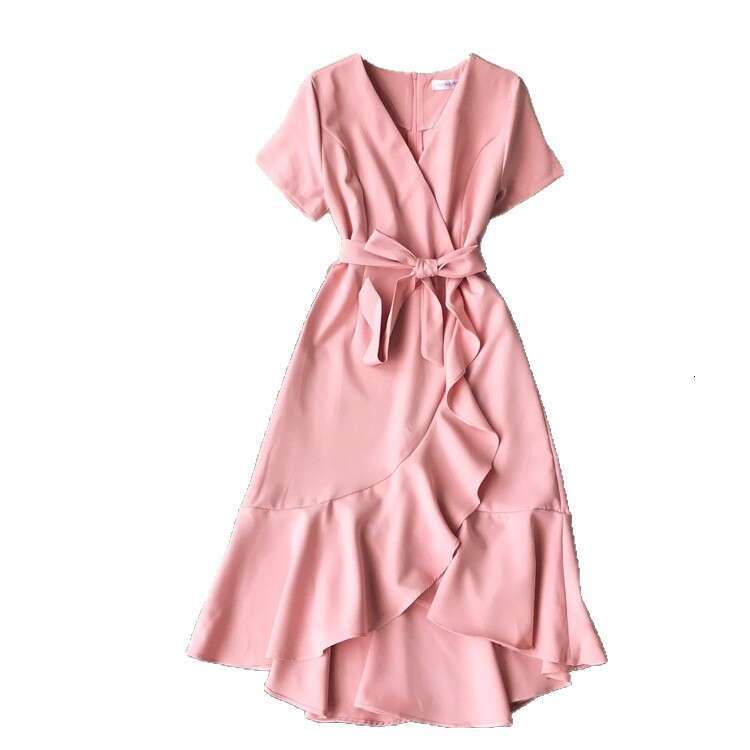Designer elegant A12 ruffled slit tie slim fit V-neck women's short sleeved dress medium length irregular style 2026
