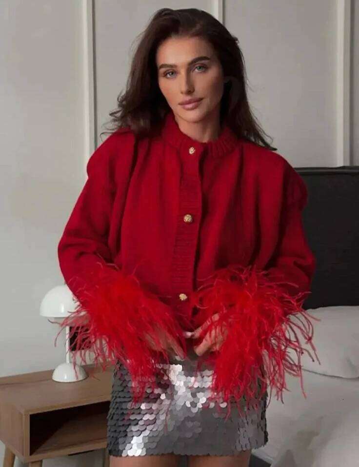 Casual Spliced Feather Knitted Cardigan For Women Fashion Single Breasted Long Sleeved Red Sweater Autumn Lady Outerwear Z260313